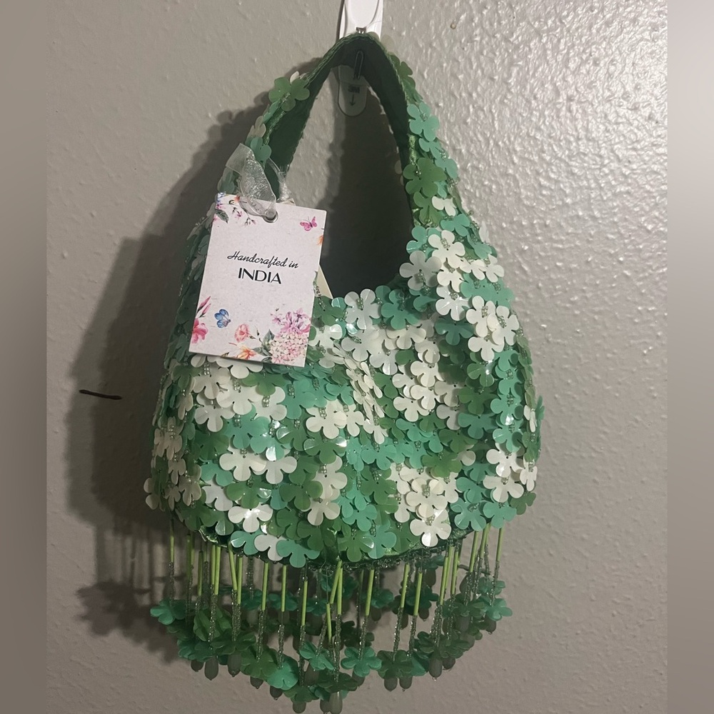 Handcrafted in India Green Floral Beaded Shoulder Bag Purse Read Description